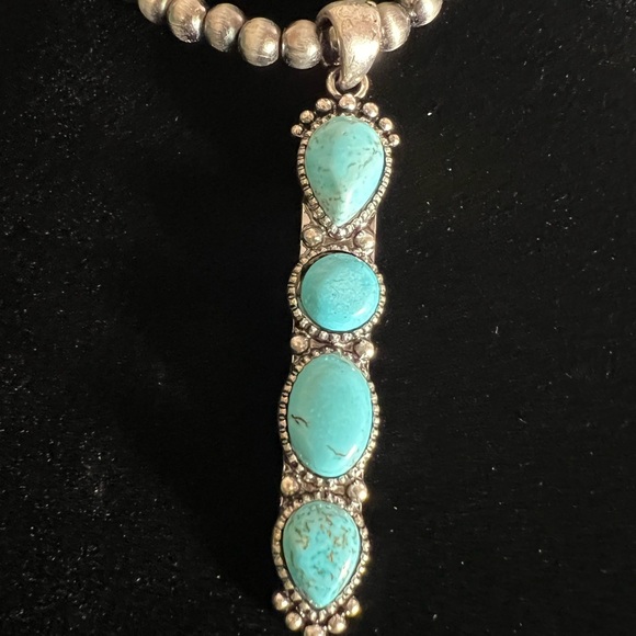 Silver beaded and 4 stone turquoise necklace 11 inches long total NWOT - Picture 4 of 6